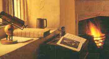 foto 11 
   Habitacin de Woolsthorpe Manor,
   donde naci Newton. Sobre la mesa
   la tercera edicin de los Principia.
   En el alfizar de la ventana, 
   su telescopio reflector.